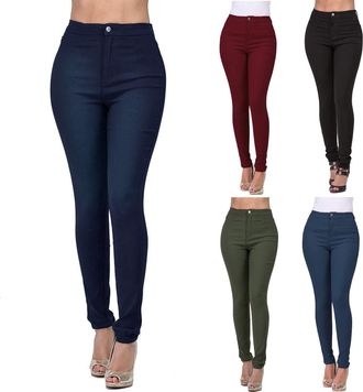 Generic Womens High Waisted Stretchy Trousers, Straight Fit Denim Jeans, Jeggings, Comfort Stretch Flat-Front Slim Fit Tapered Leg