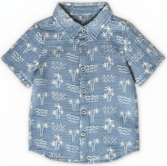 Miki Miette Jerry Cotton Short Sleeve Buttondown in Denim Blue at Nordstrom, Size 2-3T