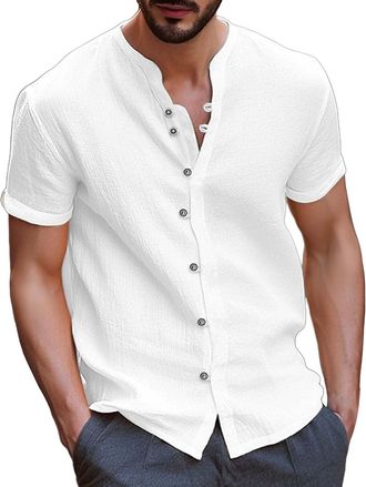 Generic Traditional Shirt Mens White Linen Shirt Short Sleeve Black Hawaiian Shirt Men Cotton Summer Shirt Jogal Business Shirt Comfort Fit Regular Fit Casual