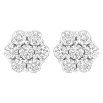 House of Brilliance 14K White Gold 7 Stone Floral Cluster Round Brilliant Cut Diamond Stud Earrings with Screw Backs(I-J, SI2-I1)