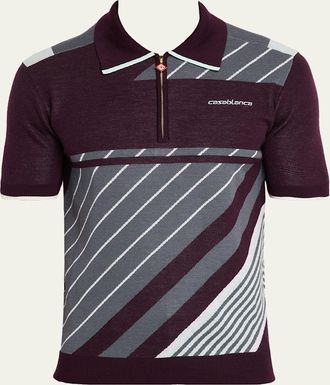 Casablanca Mens Merino Wool Diagonal Knit Quarter-Zip Tennis Polo Shirt