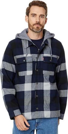 Levi's Washed Cotton Shirt Jacket with A Jersey Hood and Sherpa Lining Mens Clothing Navy Buffalo Check : SM, Jersey/Cotton