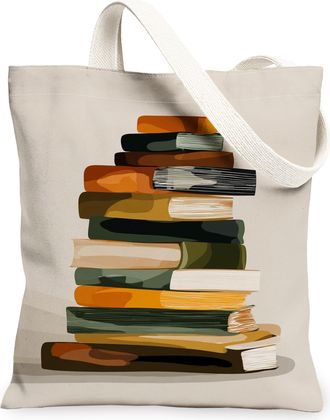 Generic Artistic Books Canvas Tote Bags, Modern Stack of Books Design Reusable Grocery Bags, Lightweight Washable Shoulder Strap Ca, Beige, 13x15 Inch