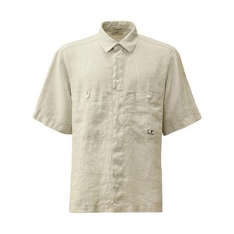 C.P. Company Blauwe Vos Linnen Boxy Korte Mouw Overhemd - Heren - Korte mouwen Overhemden - Beige - L - Linnen - Overhemden