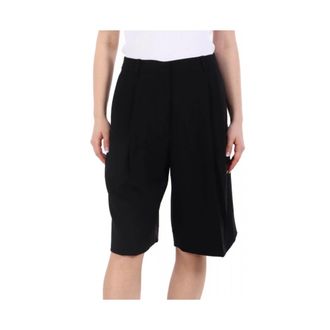 Michael Kors Korte Broeken, Dames, Zwart, S, Leer, Crepe Geplooide Bermuda Shorts