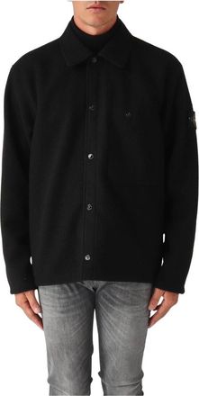 Stone Island Jassen, Heren, Zwart, L, Wol, Overshirt van wolmix