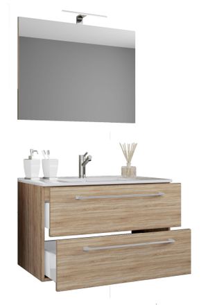 ebuy24 Vcm - 3 Piezas Lavabo Lavabo Inferior Gabinete Ancho 60 Cm Muebles De Ba&ntilde;o Juego Colgando Con Un Espejo Caj&oacute;n Badinos (sonoma Roble (aserradero))