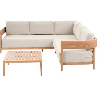 Beliani Sof&aacute; Esquinero De Exterior Moderno De 3 Piezas Con Mesa De Centro 5 Plazas Cojines Beige Marr&oacute;n Claro Sampieri