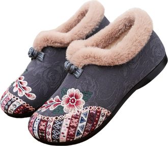 Generic Dritnow Womens Warm Floral Winter Ankle Boots, Embroidered Slip-On Boots, Lightweight Non-slip Indoor/Outdoor Shoes (Gray,10.5)