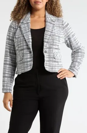 Liverpool Plaid Tweed Crop Blazer in Black/White Plaid at Nordstrom, Size 3X