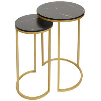 Hhg Hhg - Juego De 2 Mesas Auxiliares 401, Mesa De Centro Mesilla De Noche Mesa De Sal&oacute;n, Mdf Efecto M&aacute;rmol, Negro-dorado