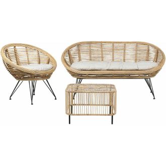 Beliani Set divano 3 posti Boho con tavolino Rattan Beige chiaro Cuscino in tessuto di cotone Resistenza media Interno Esterno Naturale Maratea/Cesenatico