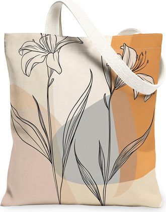 Generic Spring Daylily Flower Canvas Tote Bag for Shopping 13x15, Retro Mid Century Florals Reusable Grocery Print Bag for Women, Fun Funky Beach Aesthetic Pa