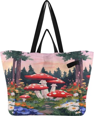 Generic Mushroom Red print Reusable Canvas Tote Bag, Heavy Duty Grocery Shopping Bag with Double Handles Large Capacity Hard Bottom Work Groceries Travel