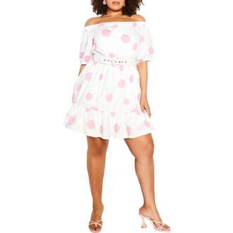 City Chic June Spot Off the Shoulder Belted Dress in Pop Spot at Nordstrom Rack, Size Xxl/24W