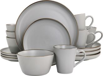 Elama Louis 16 Piece Stoneware Dinnerware Set in Matte Slate with Gold Rim