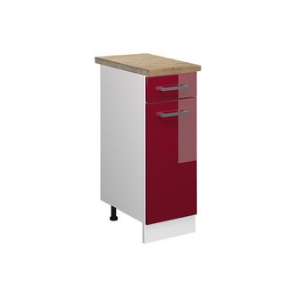 Vicco Mueble Bajo De Cocina R-line, Rojo Burdeos Alto Brillo, 30 Cm, Et Roble