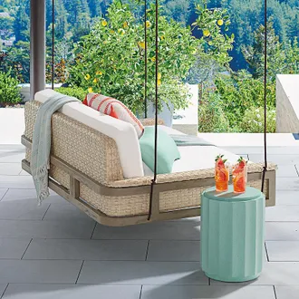 Frontgate Laila Hanging Daybed with Cushions in Shell Wicker - Standard, Boucle Snow - Frontgate