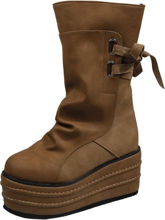 Generic Winter Breathable Retro Lace Up Winter Boots for Women Fashion Thick Sole Mid Calf Comfort Footwear Durable Cold Weather Shoes (Brown, 5. 5)