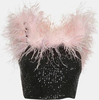 Self Portrait Black Sequin Feather Off Shoulder Crop Top