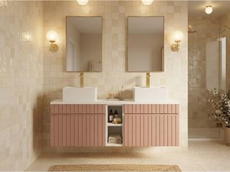 Vente-Unique Mobile bagno sospeso scanalato con nicchie e doppio lavabo da appoggio quadrato Rosa L140 cm - SATARA