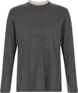 Brunello Cucinelli Tops, Heren, Grijs, M, Katoen, Lichtgewicht Jersey T-shirt met Lange Mouwen