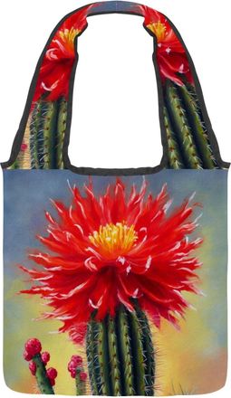 Generic Red Cactus Flowers Reversible Canvas Shoulder Tote - Double-Sided Print, 12oz Cotton, 27cm Drop, Fold-Flat Bag for Travel, Shopping, Street Outings