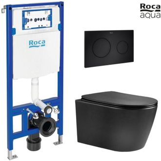 Roca Roca - Bastidor Duplo Con Cisterna Empotrada Y Pulsador Pl10 Negro Mate Con Inodoro Suspendido Nebula Black Mate Rimless
