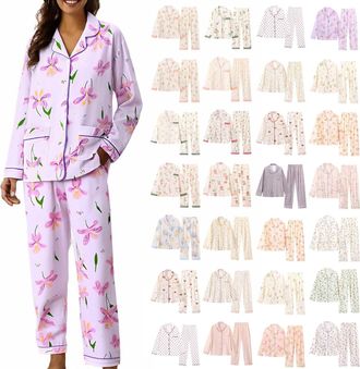 Generic Ladies Striped Pajamas for Women UK Soft Cozy Long Sleeve Button Up 2 Piece Sleepwear Plus Size Loose Top Trousers Home Clothes Pjs Set Funny Printed 