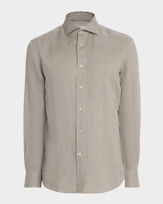 Brunello Cucinelli Mens Linen and Cotton Band Collar Button-Down Shirt