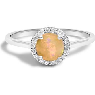 House of Brilliance 10K Gold Gemstone and 1/10 Cttw Diamond Halo Birthstone Ring in White | Multi Opal at Nordstrom, Size 6.5