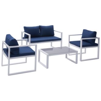 Happy Garden Conjunto De Jard&iacute;n Ibiza Tela Azul 4 Plazas Aluminio Blanco