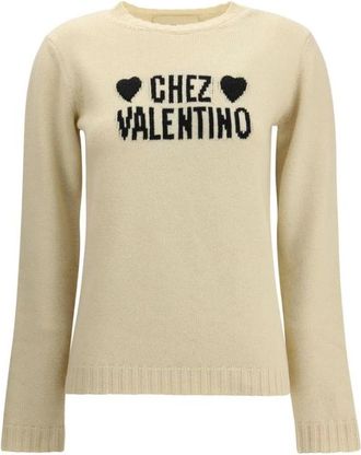 Valentino Truien & Vesten, Dames, Beige, M, Wol, Wollen trui met geborduurde harten