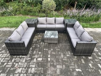 Fimous 9 Seater Rattan Garden Furniture Set Patio Outdoor Lounge Sofa Set with 2 Side Tables Square Coffee Table Dark Grey Mixed