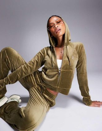 Juicy Couture Felpa con cappuccio in velour verde oliva scuro con zip in coordinato