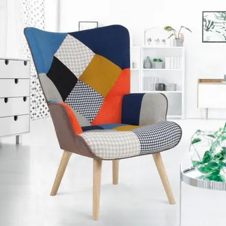 IDMarket Idmarket - Sill&oacute;n Escandinavo Ivar De Tela Patchwork Multicolor Y Estampado De Pata De Gallo