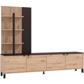 Vente-Unique Parete TV con 4 ante e 3 scaffali Naturale e Nero - NUJA