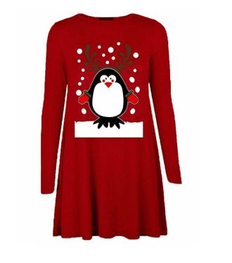 Generic Christmas Print Dress for Women Casual A Line Pleated Swing Midi Dress Ladies Long Sleeve Knee Length Round Neck Jumper Dress (as8, Numeric, Numeric_1