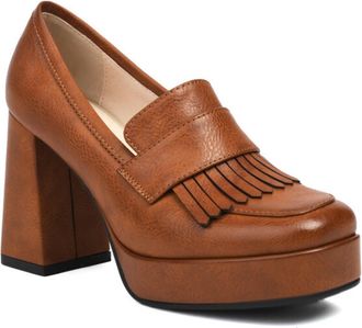 Generic Womens Platform Chunky Loafers Slip-On Round Toe Fringe Detail Textured Upper Dress Shoes with Block Heel Comfortable for Fashion Casual,Brown,7.5 UK