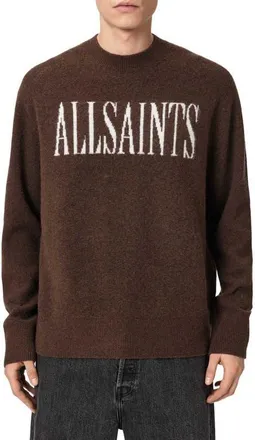 AllSaints Stamp Logo Intarsia Crewneck Sweater in Petri Oat Brown at Nordstrom, Size Xx-Large