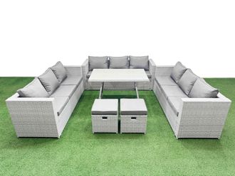 Fimous 11 Seat Patio PE Rattan Garden Furniture with 2 Small Stool Light Grey