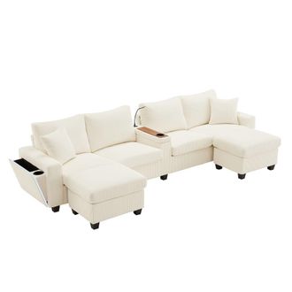 Urban Meuble Sof&aacute; esquinero de terciopelo beige con 2 otomanas, l&aacute;mpara y LED