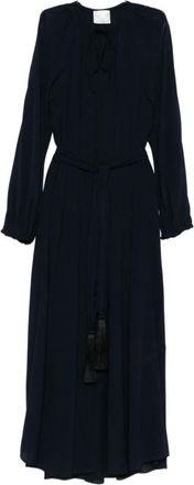 Forte_Forte Maxi jurk met strik-halslijn en kwastjes - Dames - Casual kleedjes - Blauw - L - Kleedjes