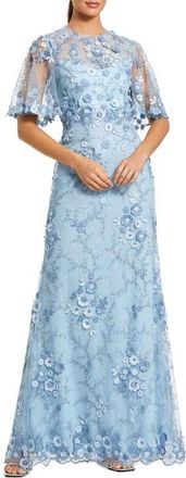 Mac Duggal Petite Flutter Sleeve Floral Embroidered Net Gown in French Blue at Nordstrom, Size 14P