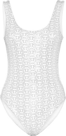 Philipp Plein embellished monogram swimsuit - women - Polyamide/Elastane/Glass Fiber - S - White