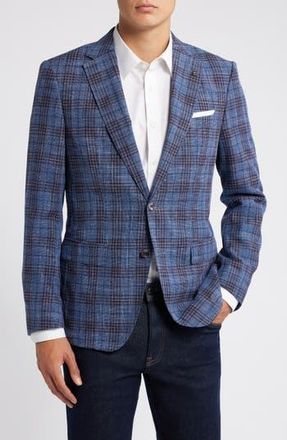BOSS Hutson Plaid Virgin Wool, Cotton & Linen Blend Sport Coat in Dk Bu at Nordstrom Rack, Size 38 Regular