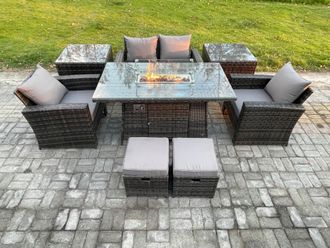 Fimous Outdoor Garden Dining Sets 6 Seater Rattan Patio Furniture Sofa Set with Gas Firepit Table 2 Small Footstools in Dark Grey