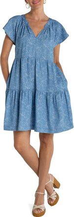 Liverpool L.A. Tiered Floral Flutter Sleeve Denim Dress in Indigo Roses at Nordstrom, Size X-Small