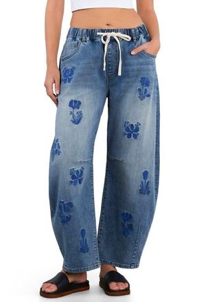 HINT OF BLU Embroidered Barrel Leg Drawstring Jeans in Atlas Blue at Nordstrom, Size X-Small