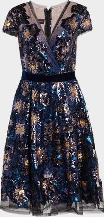 Talbot Runhof Floral Sequin Tulle Midi Dress